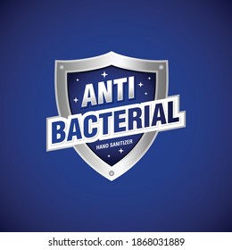 Shield template logo, antibacterial hand sanitizer logo. shield blue and silver glossy gel antiseptic. label premium vector antiviral