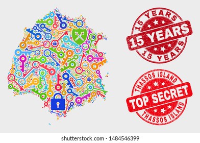 Shield Thassos Island map and seal stamps. Red round Top Secret and 15 Years distress seal stamps. Colorful Thassos Island map mosaic of different access items. Vector collage for safety purposes.