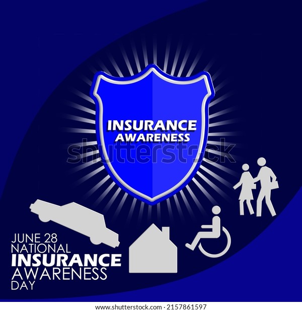Shield that emits light with logos such as house, car,
person in wheelchair and elderly couple symbol of insurance
protection on dark blue background, National Insurance Awareness
Day June 28