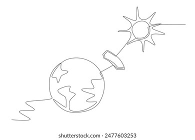 A shield that protects the earth from the sun. World ozone day concept one-line drawing