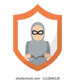 shield with thief mask and criminal handcuffs