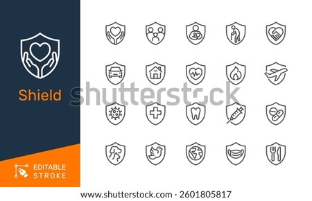 Shield thin line icons. Editable stroke. Pixel perfect.