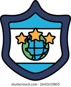 Un escudo con tres estrellas y un globo terráqueo. El escudo es azul y blanco