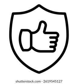 Shield with thumb up hand line icon, black friday concept. Vector graphics. Positive feedback emblem sign on white background, style mobile or design