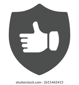 Shield with thumb up hand solid icon, black friday concept. Vector graphics. Positive feedback emblem sign on white background, glyph style icon for mobile or web design