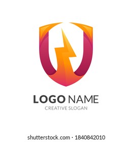 shield thunder logo, shield and thunder, combination logo with 3d red and yellow color style
