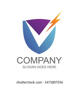 Shield Thunder Logo Design, Letter V With Shield Logo Vector