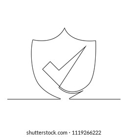 Shield with a tick, drawn by a single line on a white background.  Protection sign. One-line drawing. Continuous line. Vector Eps10