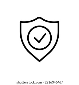 Schild mit Häkchensymbol. Erfolg, Sicherheit, Schutz, Schutz, Rechtzeitigkeit, Passwort, doppelte Authentifizierung. Verteidigungskonzept. Vektorschwarze Linie Symbol auf weißem Hintergrund