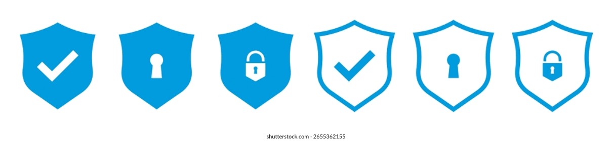 Shield with tick and lock symbol icon vector illustration in blue color.  Shield with padlock and checkmark. Modern flat and outline vector icon.