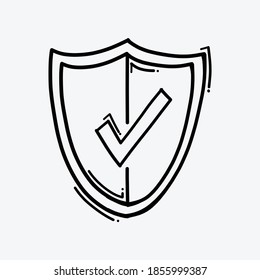 Shield Tick Mark Approved Doodle Vector Icon. Drawing Sketch Illustration Hand Drawn Line.