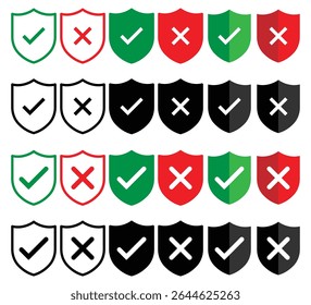 Escudo con marca de verificación en verde y marca cruzada en color rojo y trazo con fondo blanco, marca de verificación y conjunto de iconos de marca cruzada. marca de verificación y marca de X uso de iconos para App y Sitio web. marca de verificación, icono, Vector