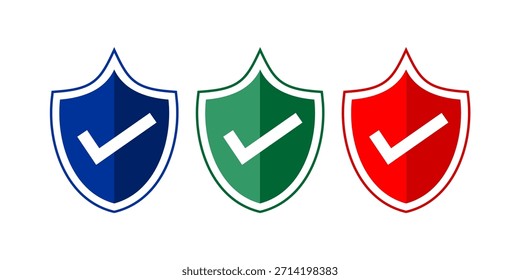 Escudo com ícone de marca de escala com três opções de cores - azul, verde e vermelho ilustração vetorial, perfeito para projetos de segurança técnica.