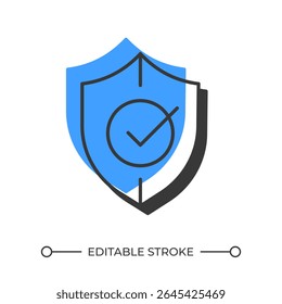 Shield with tick mark offset shadow line icon. Quality of data protection. Safe access approved. Cybersecurity. Bold outline symbol with solid blue fill. Modern flat illustration. Editable stroke