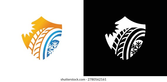 Shield Tire Logo with Sun and Snowflake Symbol for All Season Tire Company