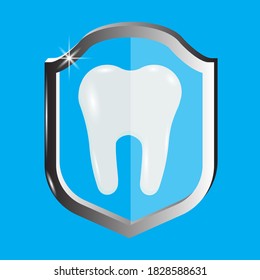 Escudo con un diente. Logo de Odontología. Símbolo de protección dental. Gomas limpias. Ilustración vectorial.