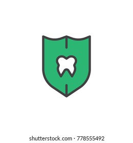 Shield tooth protect filled outline icon, line vector sign, linear colorful pictogram isolated on white. Medical dental care symbol, logo illustration. Pixel perfect vector graphics