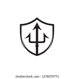 Shield trident logo template, simple minimalist shield logo icon, shielding icon, trident spear logo vector