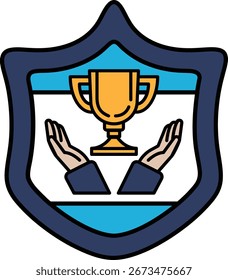 A shield with a trophy and two hands holding it. The trophy is golden and the shield is blue