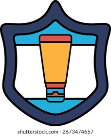A shield with a tube of toothpaste on it. The shield is black and white