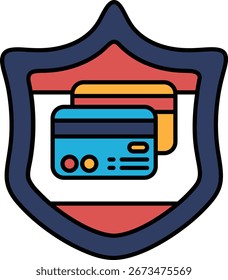 A shield with two credit cards on it. The shield is blue and red