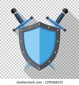 Shield and two crossed swords icon in flat style with long shadow on transparent background