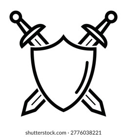 A shield with two crossed swords icon symbol, representing protection and strength in a simple black line drawing style.