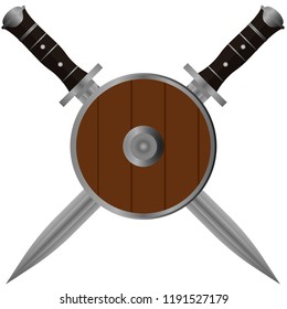 Shield and two crossed swords on white isolated background. Vector set.