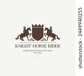 Shield and two facing knight horse rider vintage logo design. Medieval knight logo vector illustration template