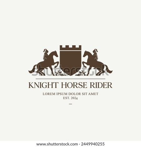 Shield and two facing knight horse rider vintage logo design. Medieval knight logo vector illustration template