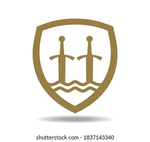 Shield with two golden swords in waves