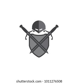 Shield with two sword and helmet logo design vector