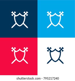 Shield with two swords in cross four color material and minimal icon logo set in red and blue