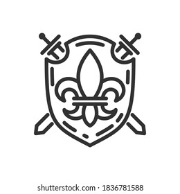 Escudo y dos espadas de un caballero medieval. Escudo de armas con lirio heráldico, icono lineal. Trazo editable
