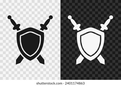 Icono de escudo y de silueta de dos espadas, signo de glifo vector. Símbolo Escudo y dos espadas aisladas en fondo transparente oscuro y claro.