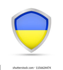 Shield with Ukraine flag on white background. Vector illustration.
