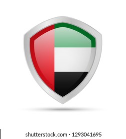 Shield with United Arab Emirates flag on white background. Vector illustration.