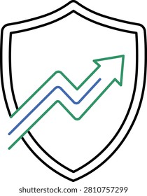 Shield with upward-trending multicolored line graph arrow upwardtrend linegraph green