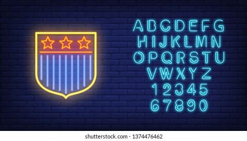 Shield with US flag on brick background. Neon style illustration. USA symbol, America, national emblem. USA banner. For patriotism, travel, national culture
