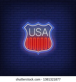 Shield with USA flag stripes neon sign. National symbols, coat of arms, 4th of July. Vector illustration in neon style for festive independence day banners, light billboards, posters