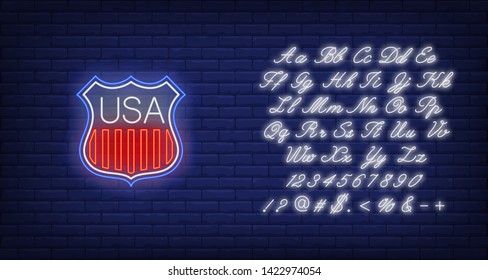 Shield with USA flag stripes neon sign. National symbols, coat of arms, 4th of July. Vector illustration in neon style for festive independence day banners, light billboards, posters