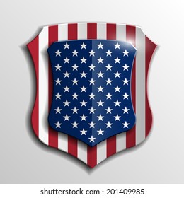 Shield with USA Independence Day icon. Protect privacy Illustration, badge icon. Banner presentation the fourth of July. American holiday Veterans Day