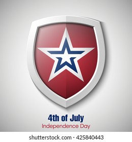 Shield with USA Independence Day icon. Protect privacy Illustration, badge icon. Banner presentation the fourth of July. United States of American President holiday. Veterans Day