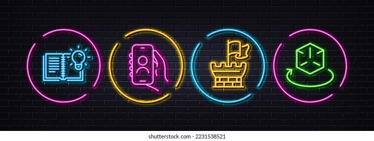 Shield, User call and Product knowledge minimal line icons. Neon laser 3d lights. Augmented reality icons. For web, application, printing. Safe secure, Smartphone login, Education process. Vector
