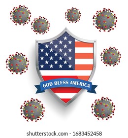 Escudo con el virus de bandera estadounidense y corona en blanco. Archivo vectorial Eps 10.