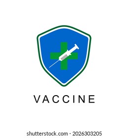 Shield and vaccine flat logo design for campaign to ward off virus