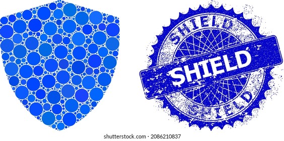 Shield vector composition of round dots in variable sizes and blue color tints, and grunge Shield seal. Blue round sharp rosette stamp seal includes Shield tag inside.