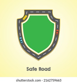 shield vector design with road and cars on the yellow background concept of safe road