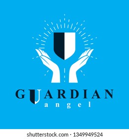 Shield vector graphic illustration, safety and security metaphor symbol. Guardian angel vector abstract emblem.