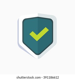 Shield vector icon, blue shield with green check mark symbol, concept security sign, protection, sign, protect emblem, flat shield logo design, illustration isolated on white